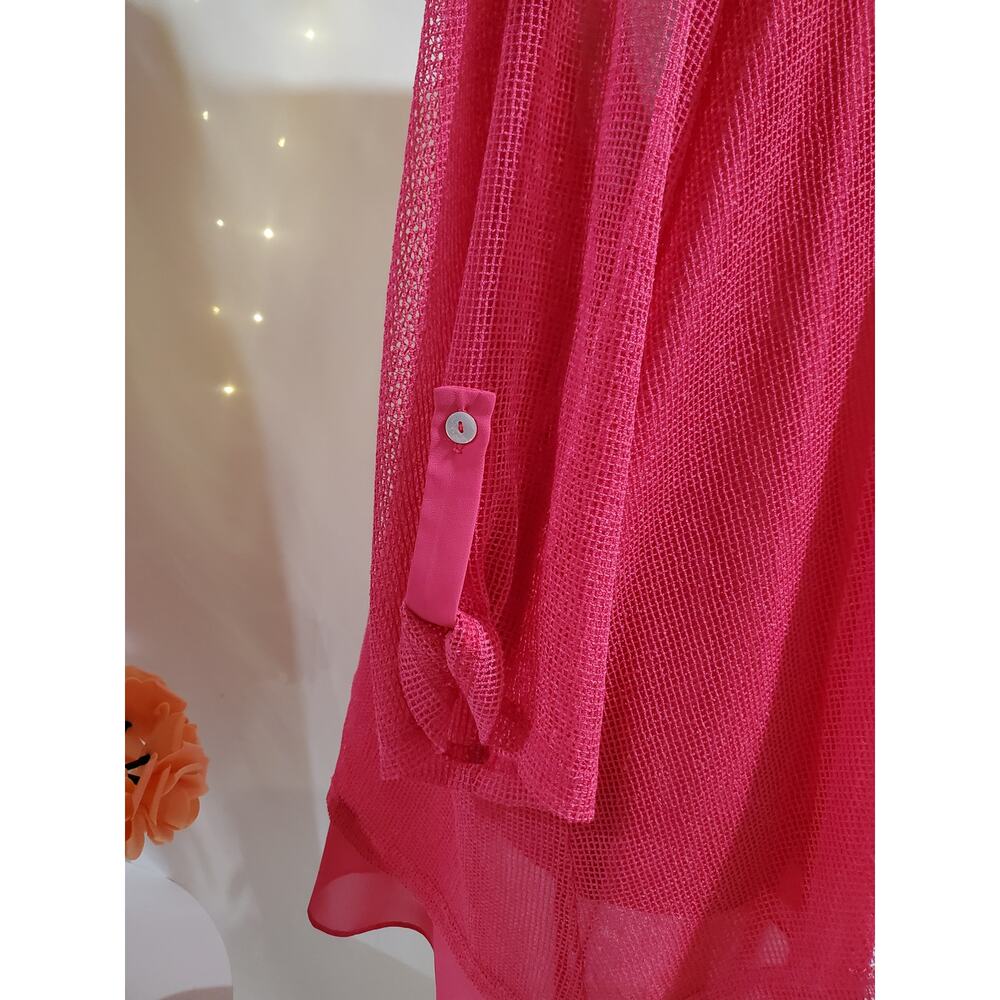 Joseph Ribkoff 1/4 Zip Mesh Overlay Top Plus Size 22 Hot Pink Roll Tab Sleeve - Picture 6 of 9